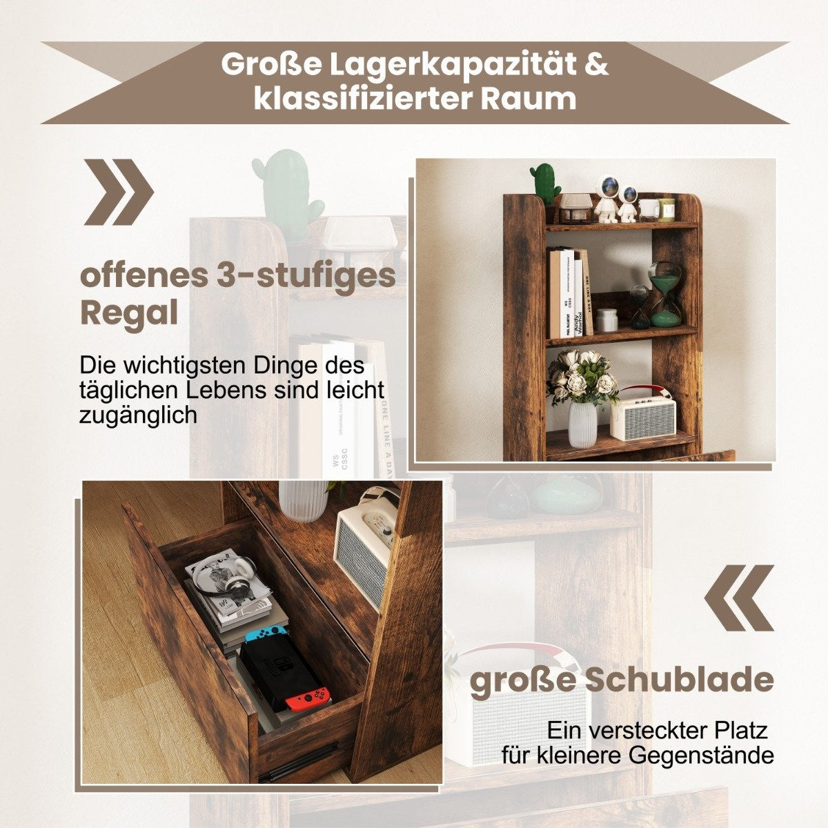 Bookcase with drawer, standing shelf with 2 compartments, office shelf made of wood, 55 x 29 x 105 cm, rustic brown
