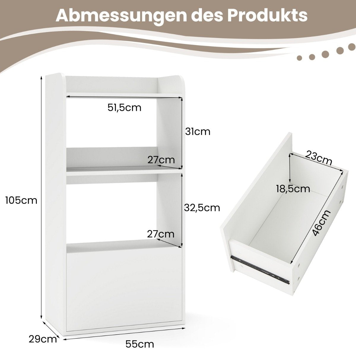 Bookcase with drawer, standing shelf with 2 compartments, office shelf made of wood, 55 x 29 x 105 cm, white