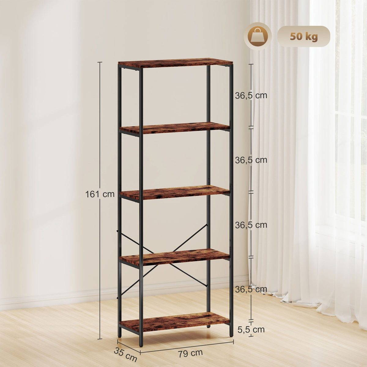 Bookshelf, 5-Tier, Metal Frame, Melamine, Brown