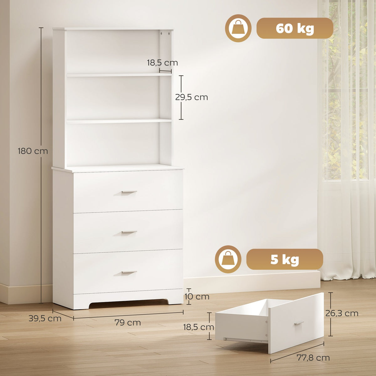 Bookshelf Cabinet with 3 Drawers, 3 Shelves, White, 79x39.5x180 cm