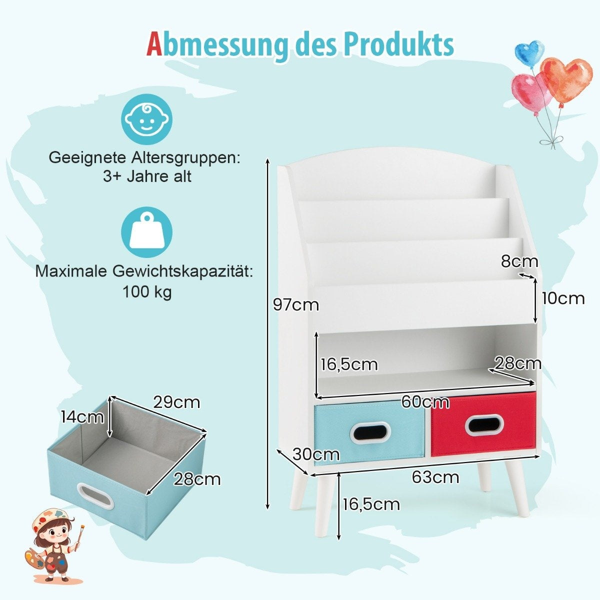Bookshelf Children's Children's Shelf with 3 Shelves &amp; open compartment &amp; 2 fabric drawers white