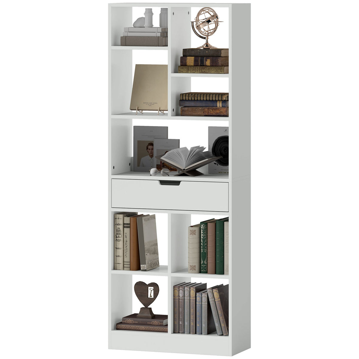 Bookshelf Standing Shelf with 9 Shelves, 1 Drawer, Storage Shelf with Anti-Tilt Safety, Office Shelf for Living Room, Office, 60 x 26 x 158 cm, White