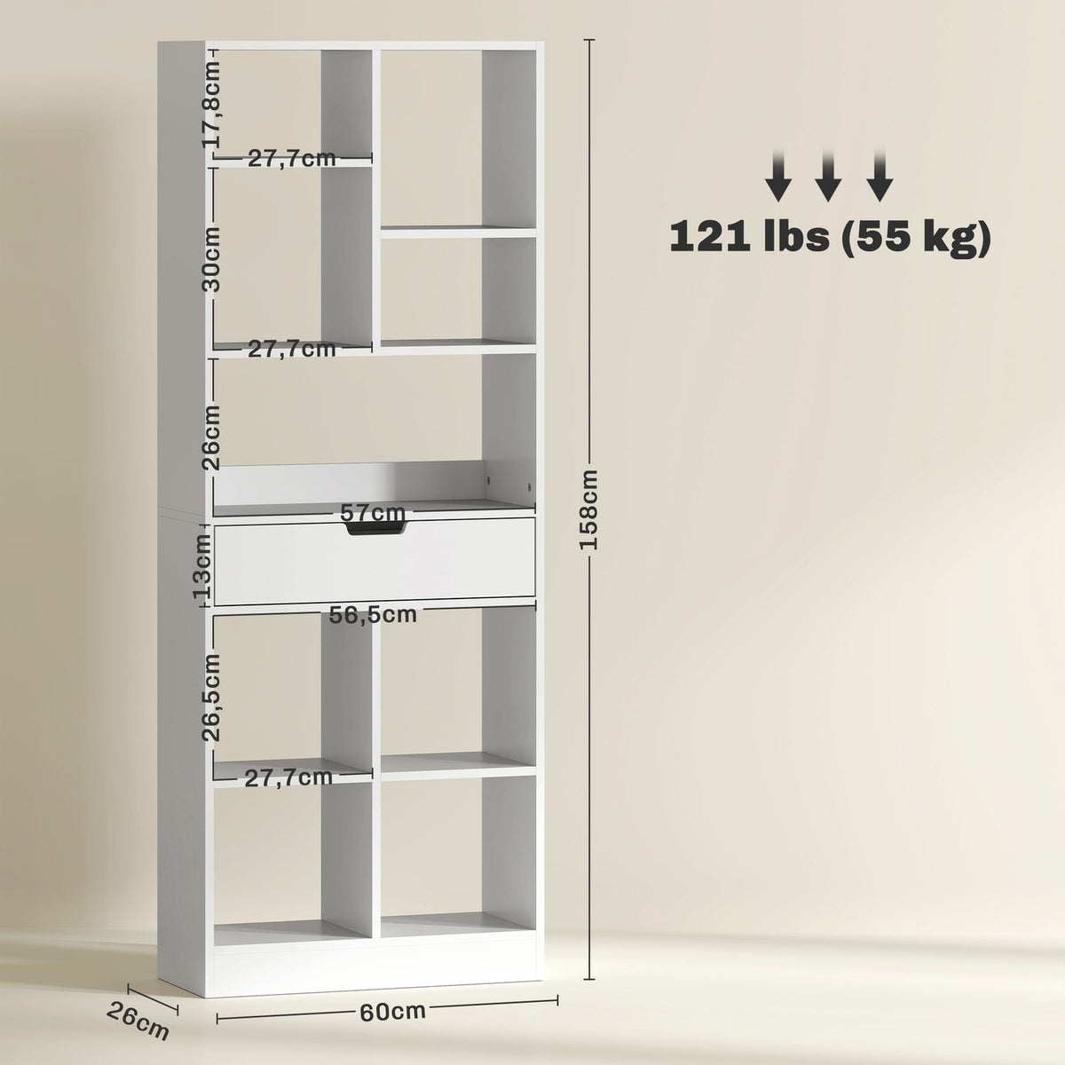 Bookshelf Standing Shelf with 9 Shelves, 1 Drawer, Storage Shelf with Anti-Tilt Safety, Office Shelf for Living Room, Office, 60 x 26 x 158 cm, White