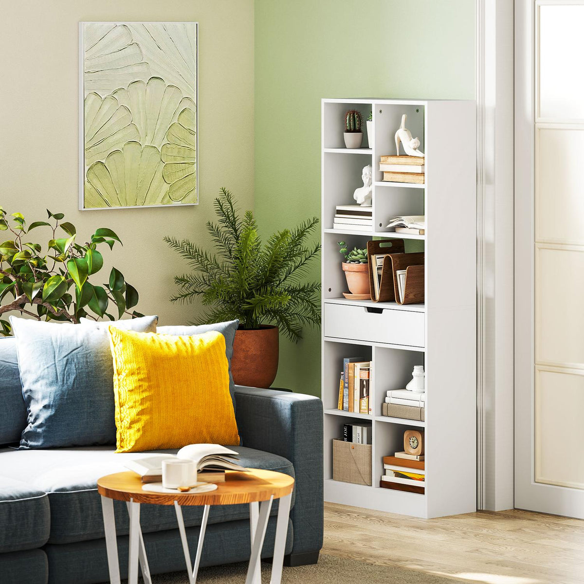 Bookshelf Standing Shelf with 9 Shelves, 1 Drawer, Storage Shelf with Anti-Tilt Safety, Office Shelf for Living Room, Office, 60 x 26 x 158 cm, White