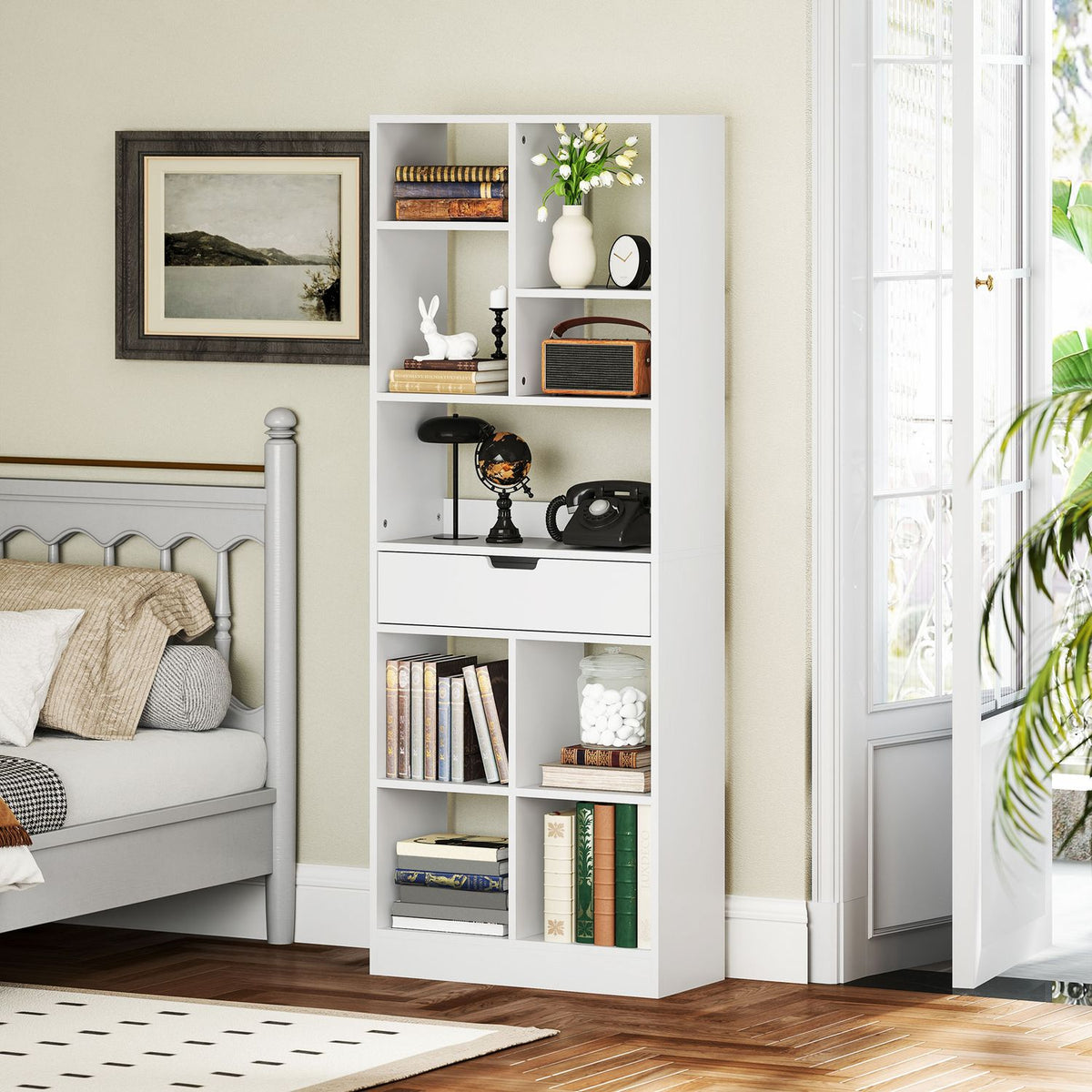 Bookshelf Standing Shelf with 9 Shelves, 1 Drawer, Storage Shelf with Anti-Tilt Safety, Office Shelf for Living Room, Office, 60 x 26 x 158 cm, White