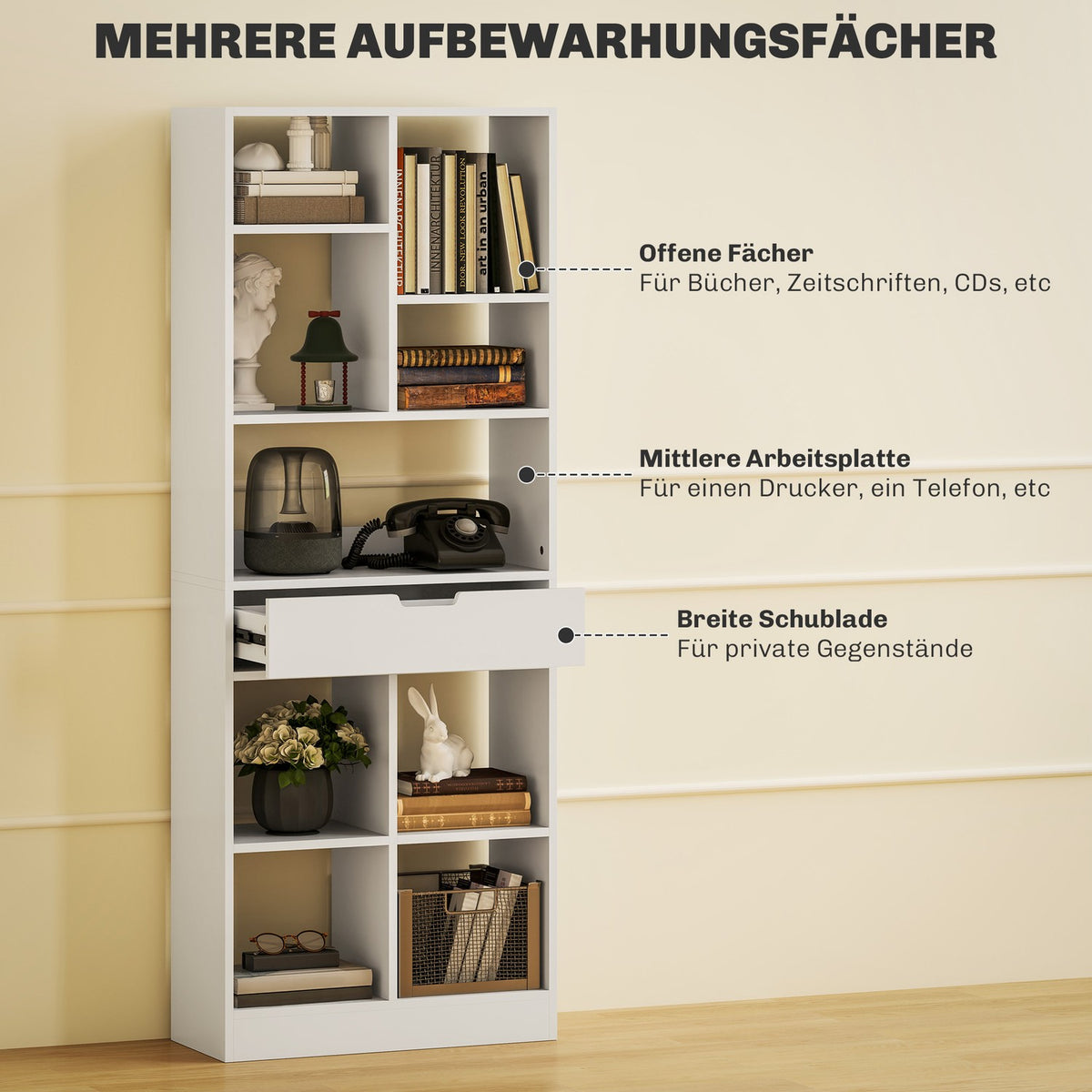 Bookshelf Standing Shelf with 9 Shelves, 1 Drawer, Storage Shelf with Anti-Tilt Safety, Office Shelf for Living Room, Office, 60 x 26 x 158 cm, White
