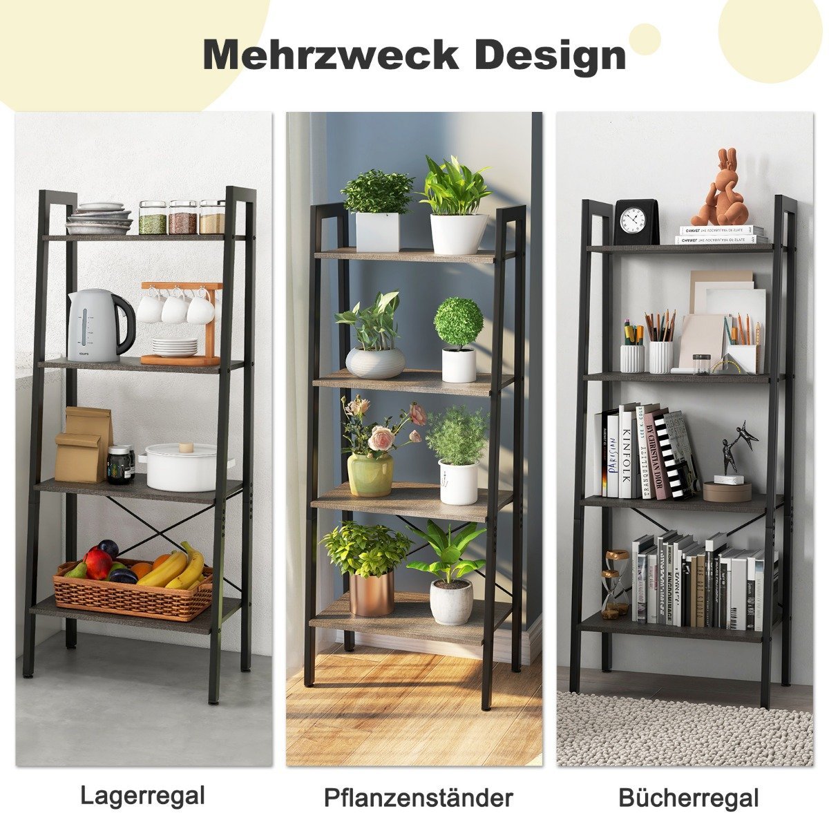 Bookshelf shelf with 4 levels ladder shelf wood with tilt protection and adjustable foot pads dark brown
