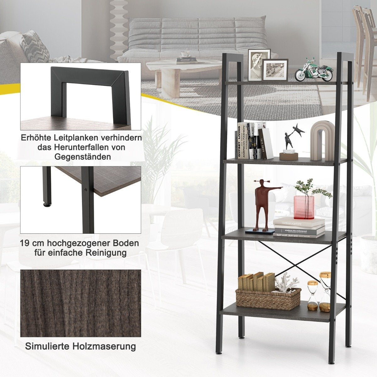 Bookshelf shelf with 4 levels ladder shelf wood with tilt protection and adjustable foot pads dark brown