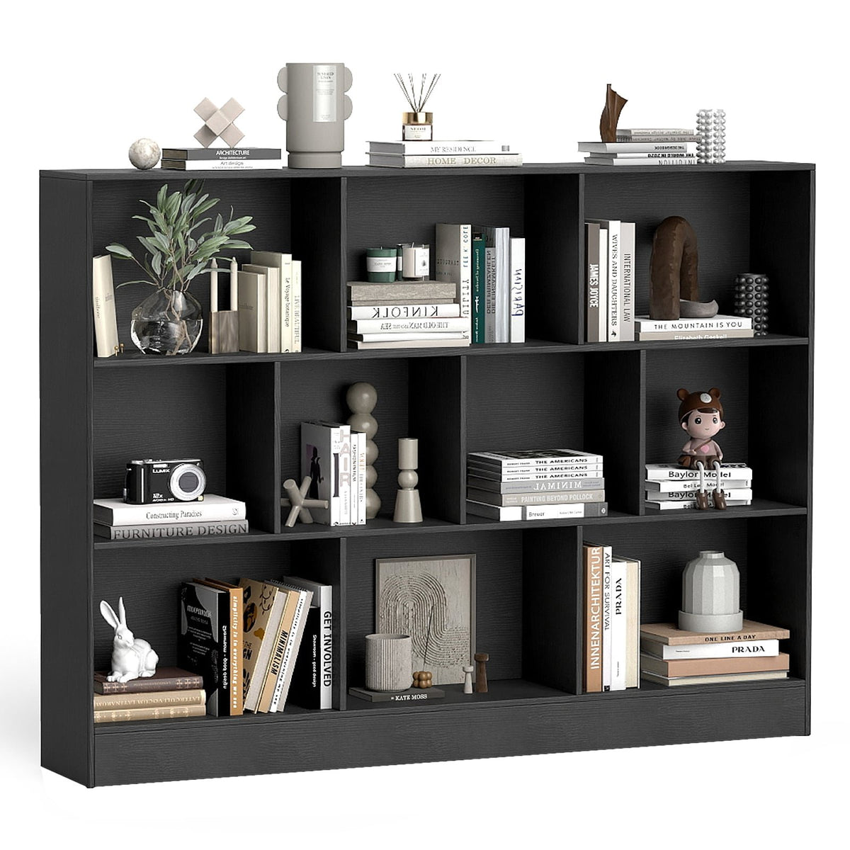 Bookshelf with 10 Compartments, Freestanding, 3 Tiers, Black