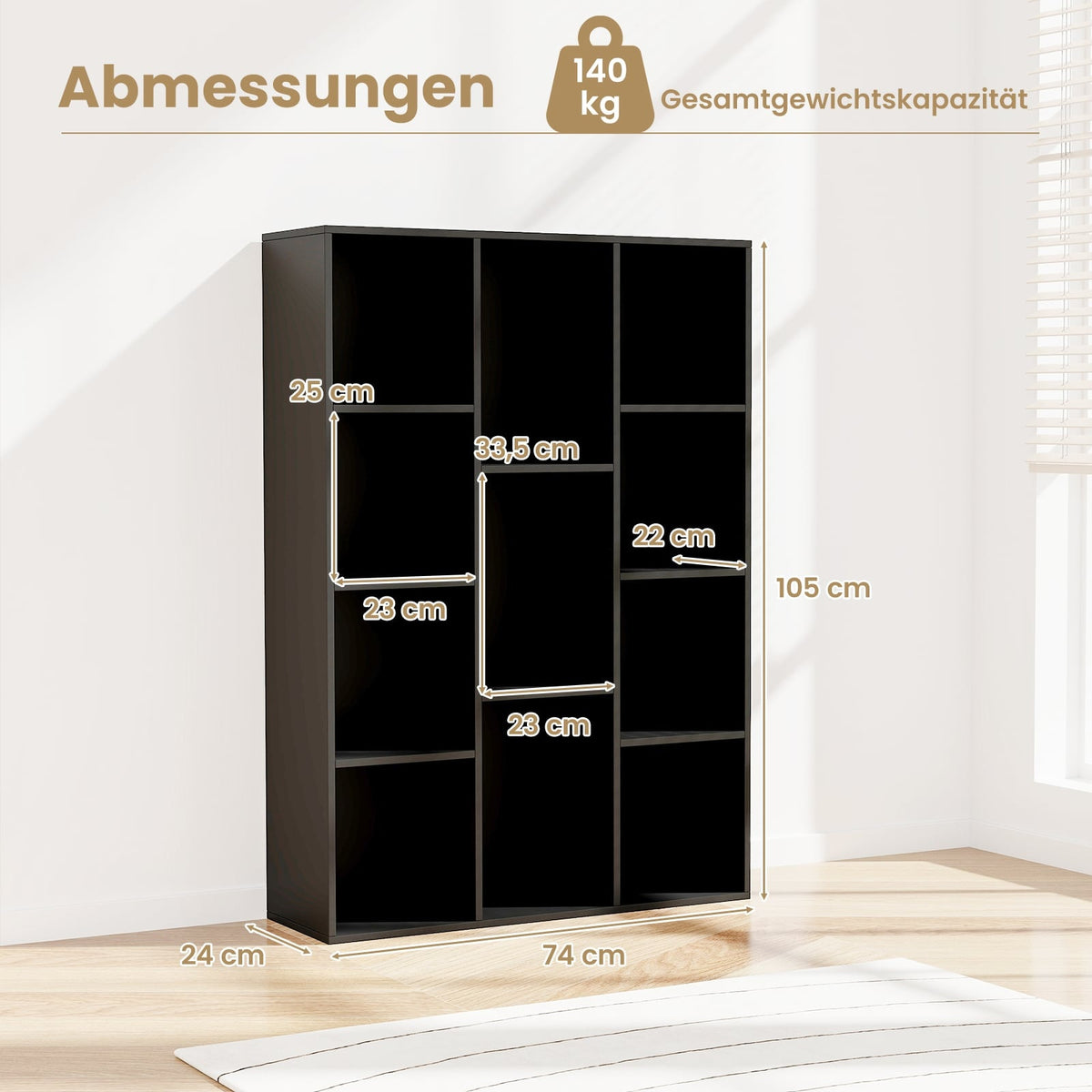 Bookshelf with 11 Compartments, Black, 74 x 24 x 106 cm