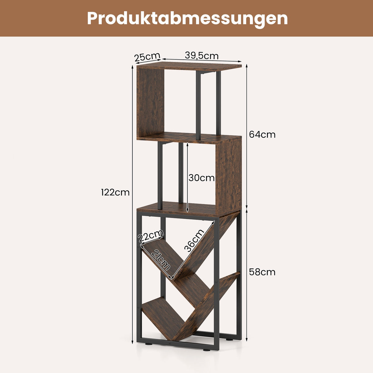 Bookshelf with 3 Open Shelves, Tree Design, 39.5x25x122cm