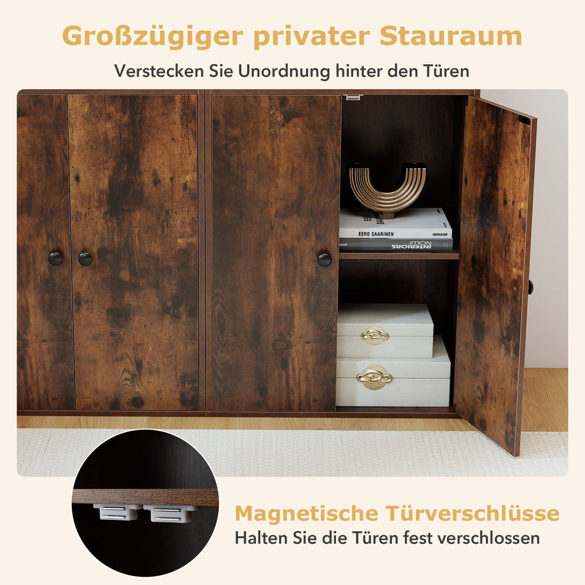 Bookshelf with 4 Doors, Adjustable Shelf, 111 cm High