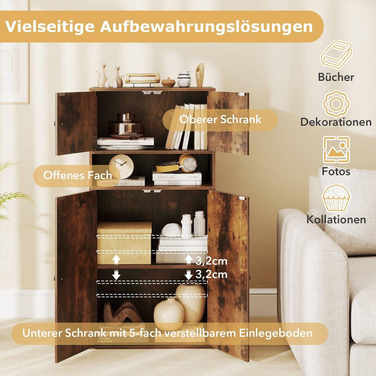 Bookshelf with 4 Doors, Adjustable Shelf, 111 cm High