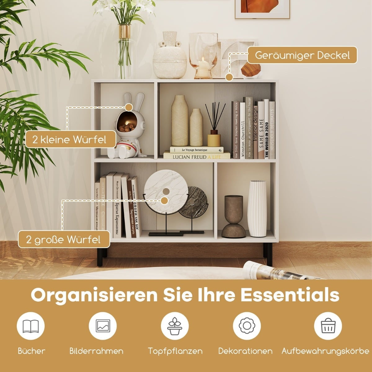 Bookshelf with 4 Shelves, Metal Legs, White, 90x30x90 cm