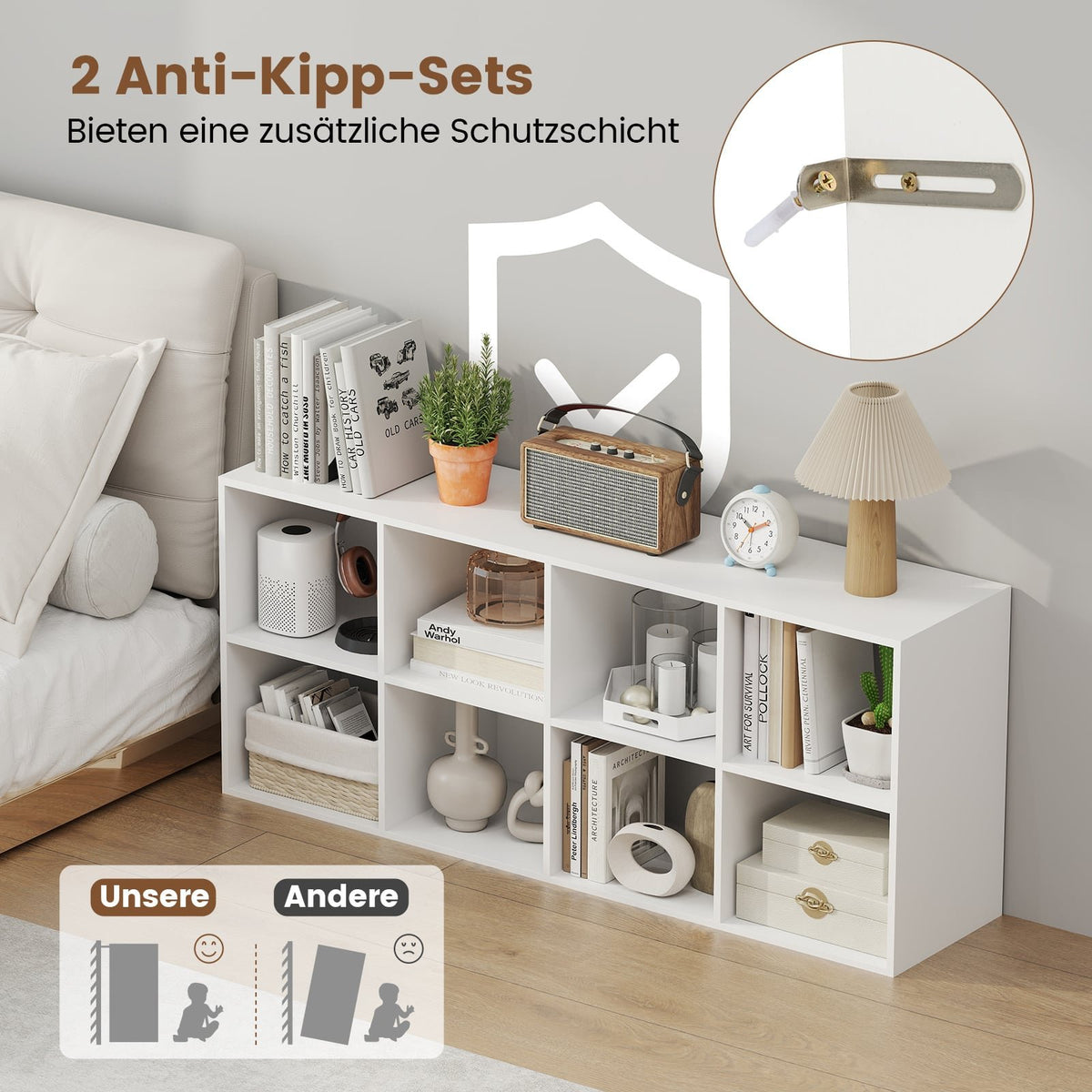 Bookshelf with 8 Compartments, 121.5 x 29 x 61 cm, White