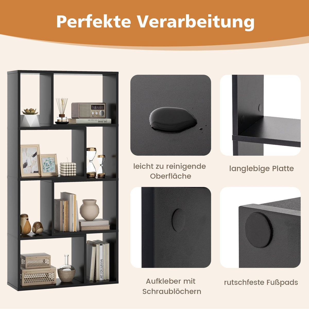 Bookshelf with 8 Compartments, 4 Tiers, 60x20x120 cm, Black