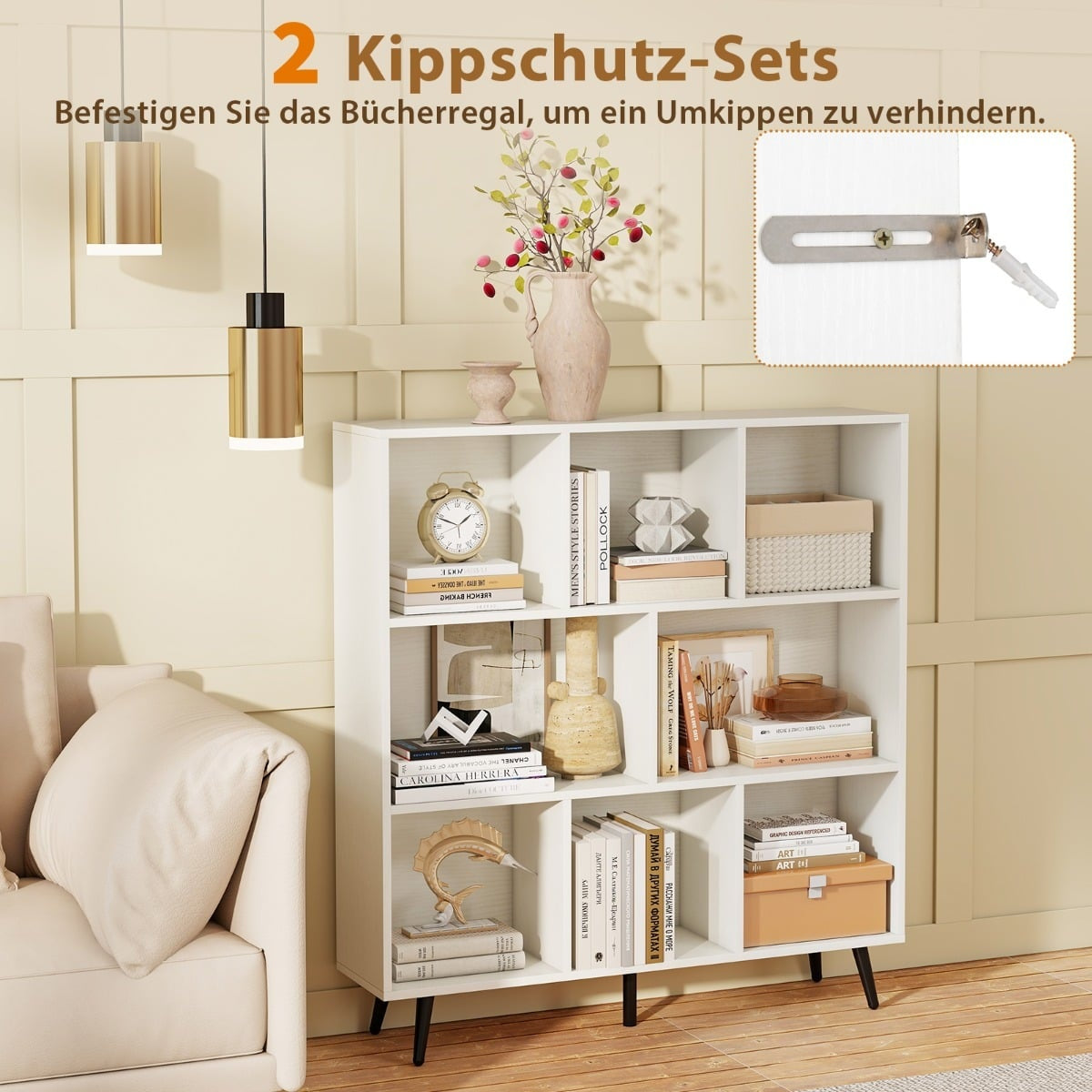 Bookshelf with Shelves, 3-Tier, Wood Legs, 100 cm