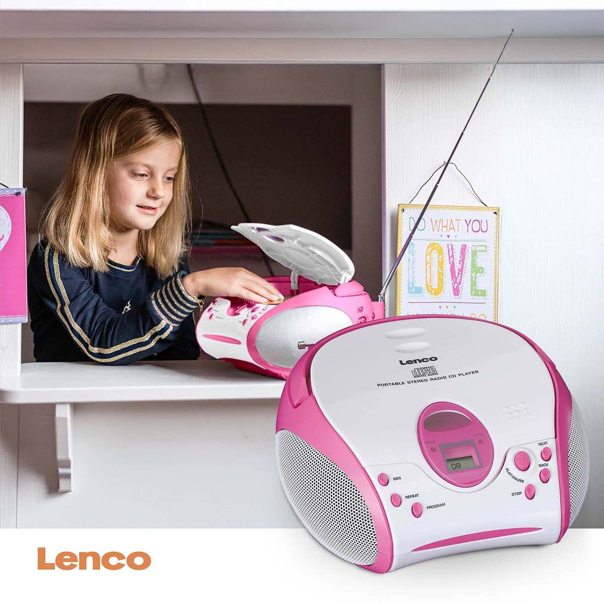 Boombox with CD player FM radio and stickers Pink