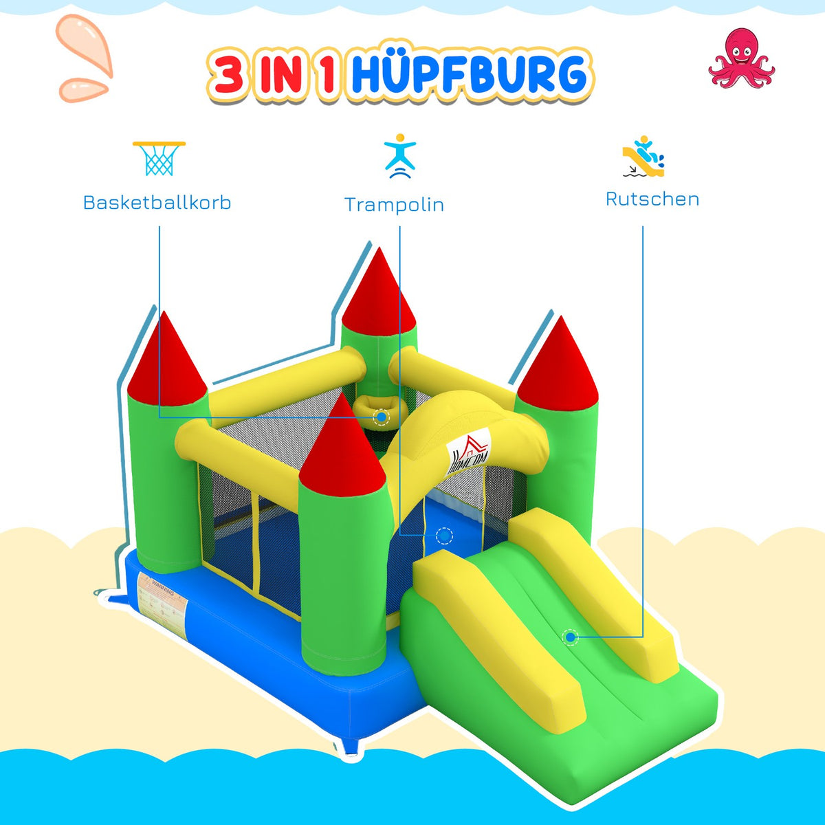 Bouncy Castle Inflatable Blower Children'S Bouncy Castle Play Castle Slide Trampoline Safety Net 3-10 Years Oxford 300X180X160Cm