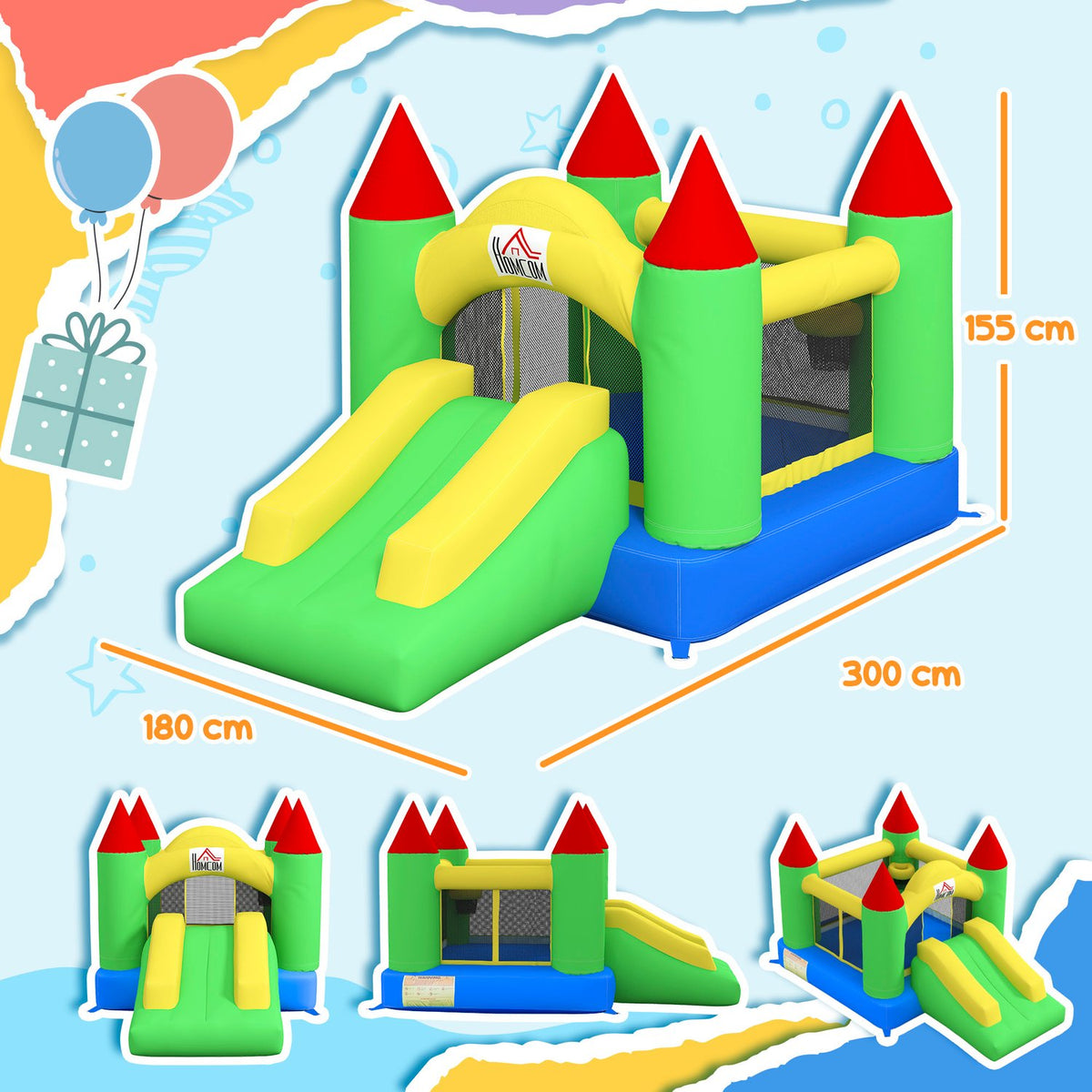 Bouncy Castle Inflatable Blower Children'S Bouncy Castle Play Castle Slide Trampoline Safety Net 3-10 Years Oxford 300X180X160Cm