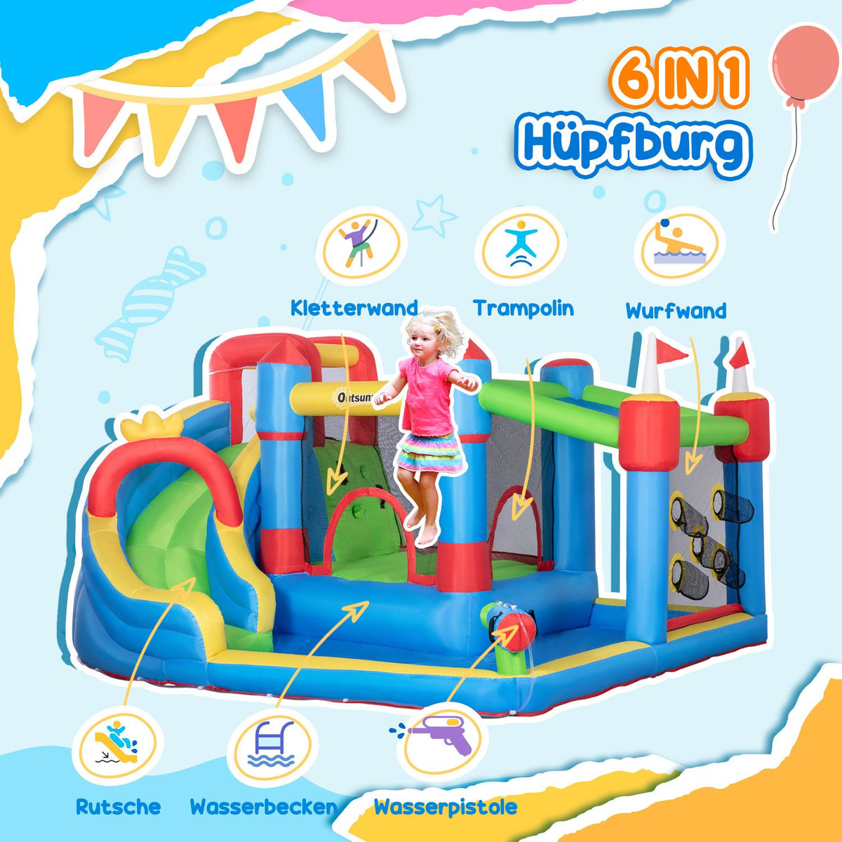 Bouncy Castle, Water Park, Inflatable With Blower, Water Play Center, Including Water Slide, Trampoline, For Children From 3 Years, 390 X 300 X 197 Cm