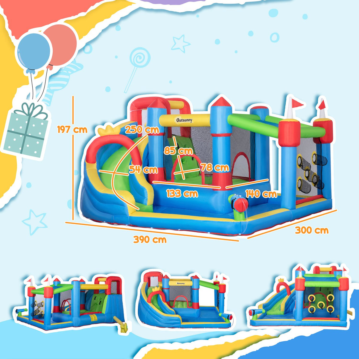 Bouncy Castle, Water Park, Inflatable With Blower, Water Play Center, Including Water Slide, Trampoline, For Children From 3 Years, 390 X 300 X 197 Cm