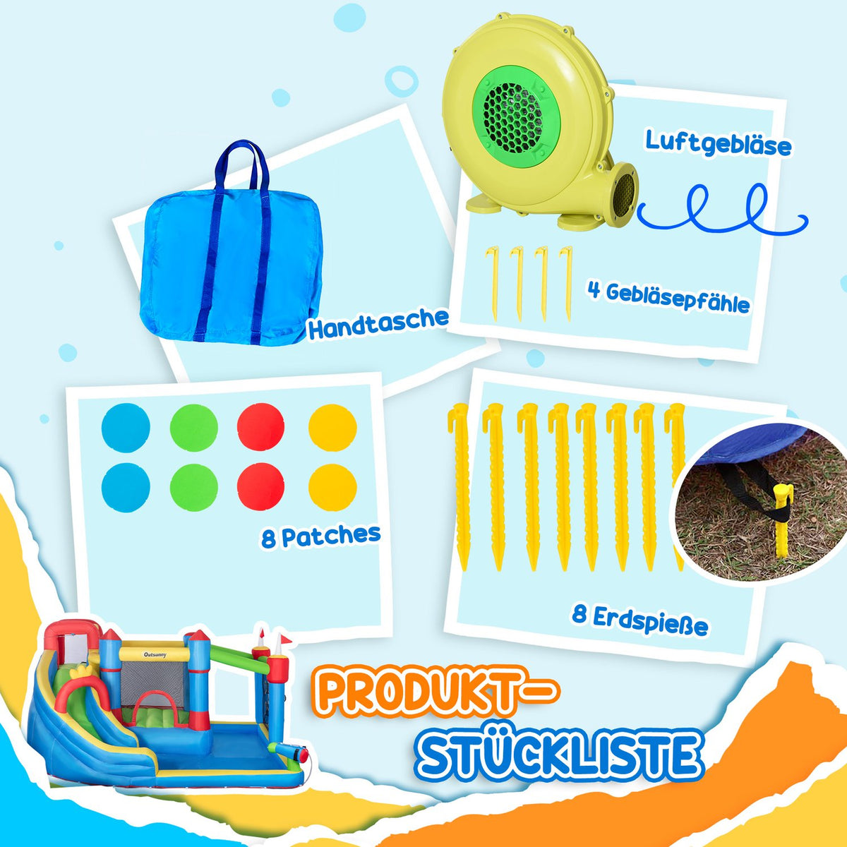 Bouncy Castle, Water Park, Inflatable With Blower, Water Play Center, Including Water Slide, Trampoline, For Children From 3 Years, 390 X 300 X 197 Cm