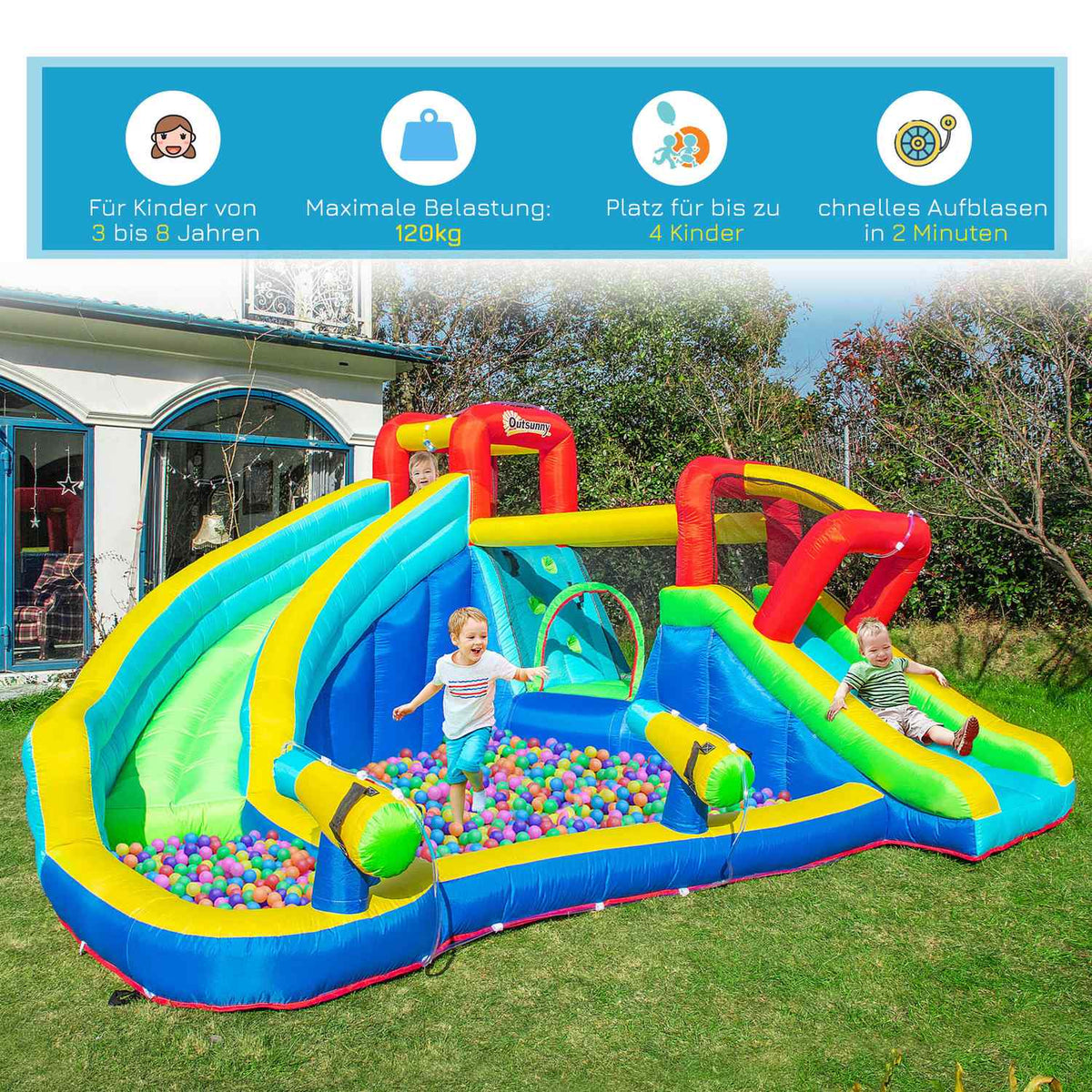 Bouncy Castle Water Park With Water Slide With Blower Inflatable Water Play Center With Slide Bouncy Castle For Children Aged 3 To 8 Years