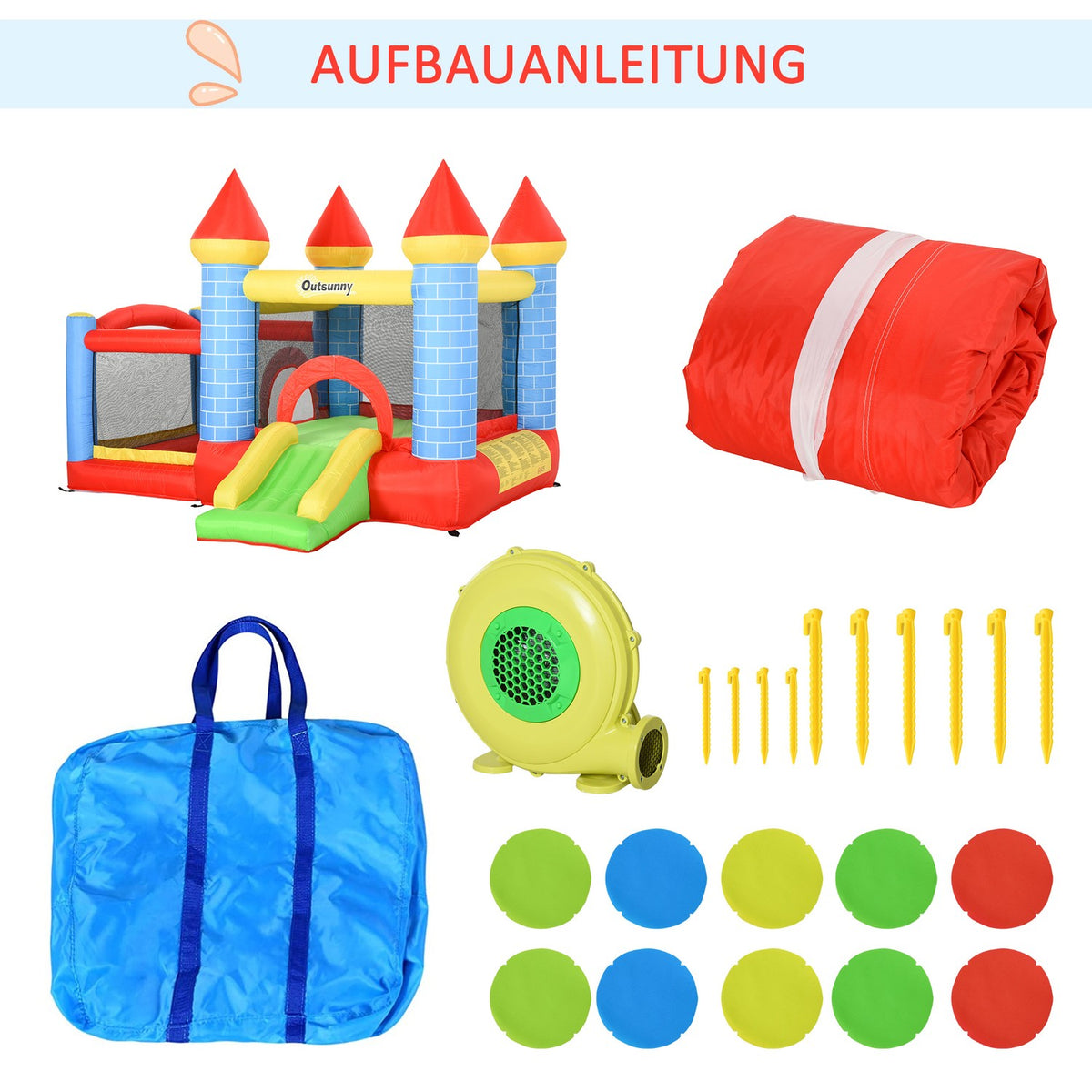 Bouncy Castle With Slide And Pool Inflatable Play Castle For 3 Kids, Oxford & Polyester Fabric, Red+Blue+Green, For 3-8 Years