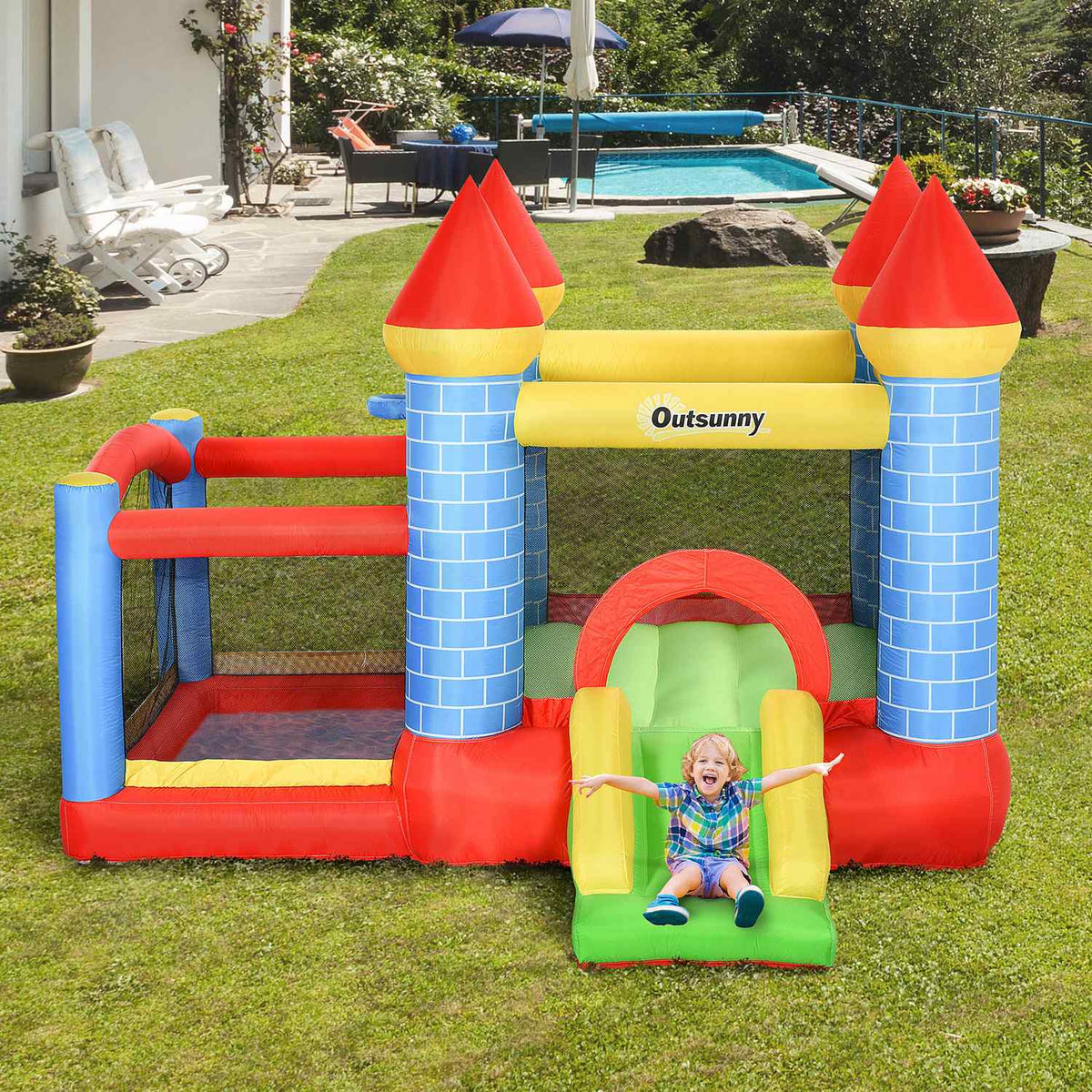 Bouncy Castle With Slide And Pool Inflatable Play Castle For 3 Kids, Oxford & Polyester Fabric, Red+Blue+Green, For 3-8 Years