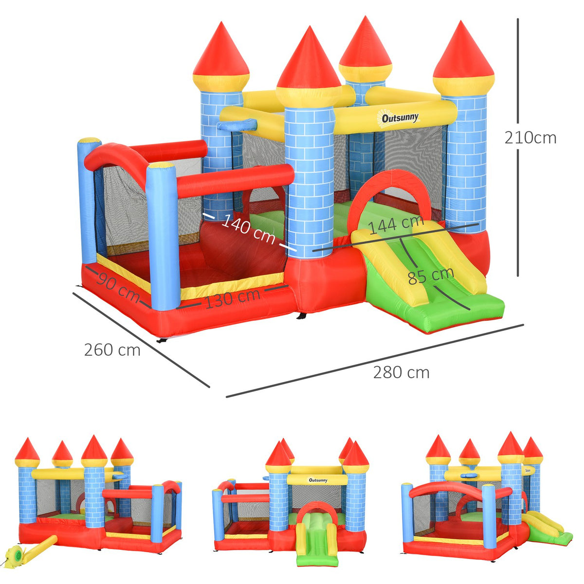 Bouncy Castle With Slide And Pool Inflatable Play Castle For 3 Kids, Oxford & Polyester Fabric, Red+Blue+Green, For 3-8 Years