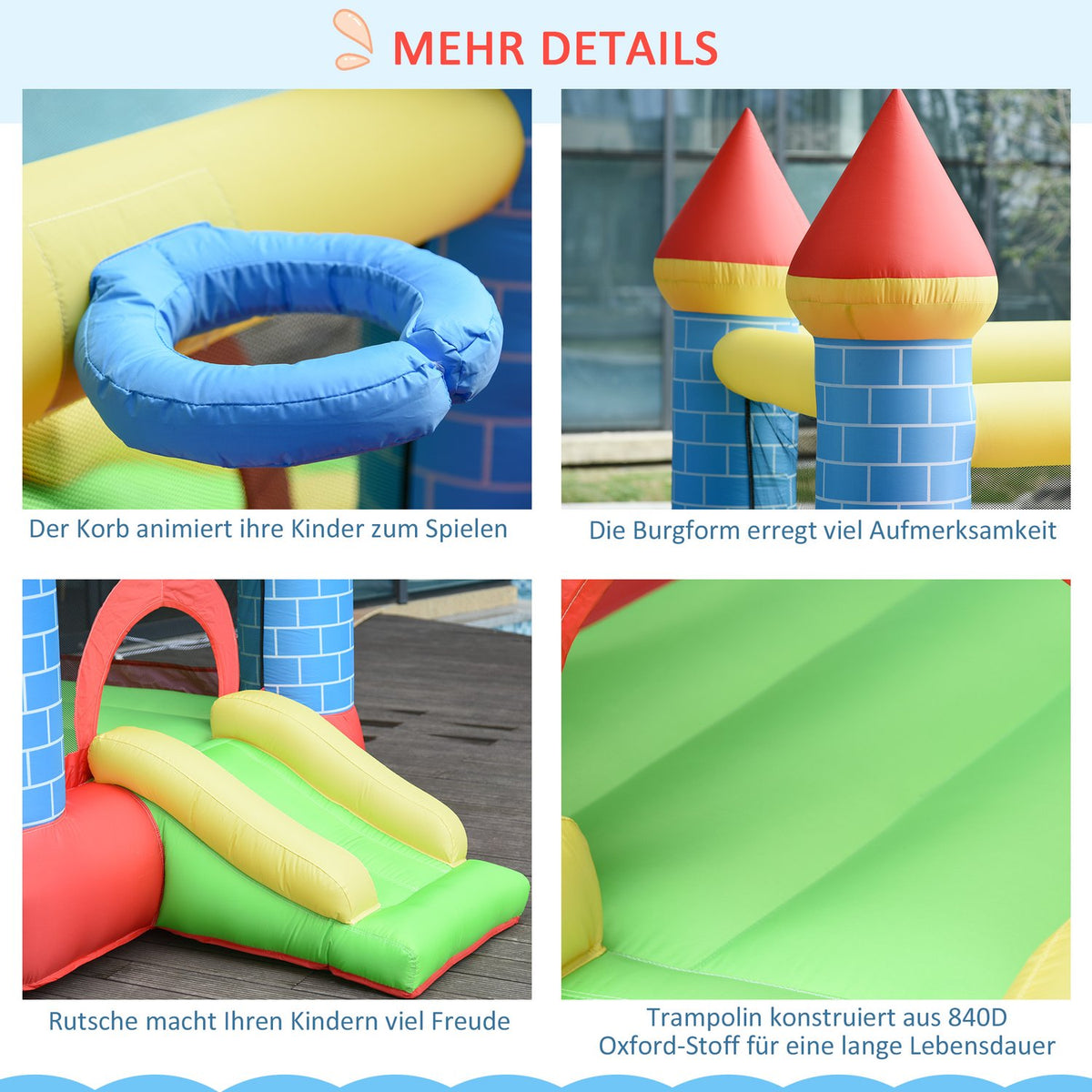 Bouncy Castle With Slide And Pool Inflatable Play Castle For 3 Kids, Oxford & Polyester Fabric, Red+Blue+Green, For 3-8 Years