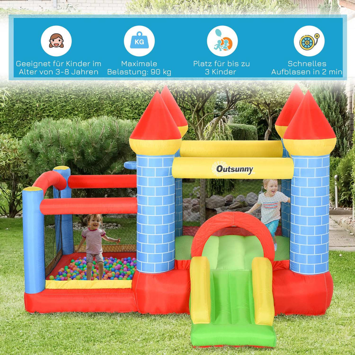 Bouncy Castle With Slide And Pool Inflatable Play Castle For 3 Kids, Oxford & Polyester Fabric, Red+Blue+Green, For 3-8 Years