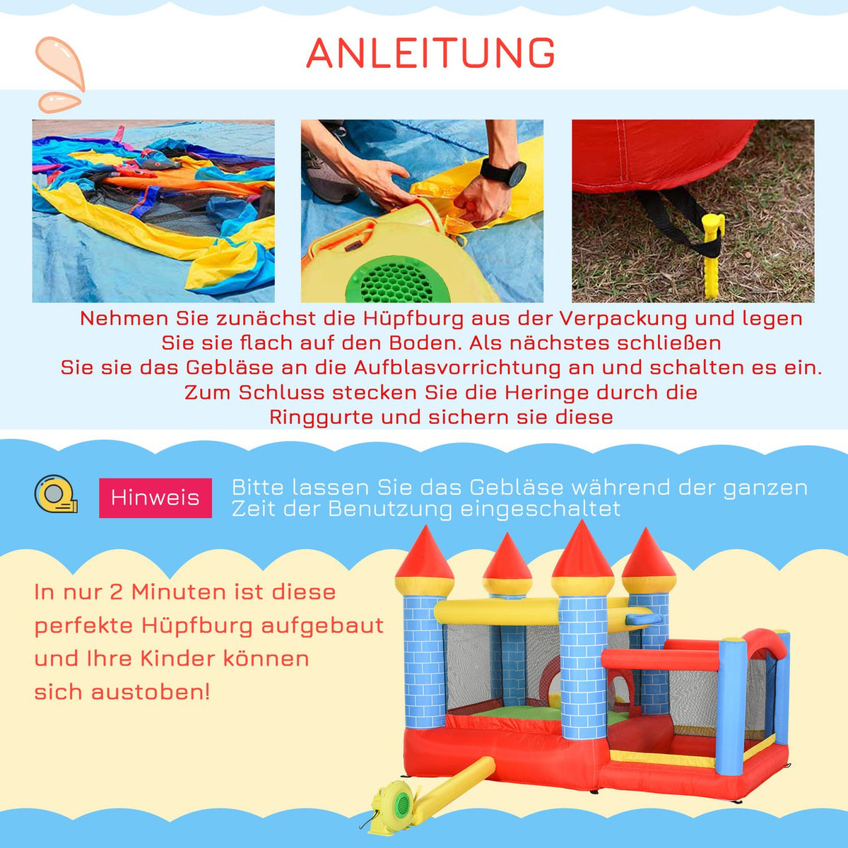 Bouncy Castle With Slide And Pool Inflatable Play Castle For 3 Kids, Oxford & Polyester Fabric, Red+Blue+Green, For 3-8 Years