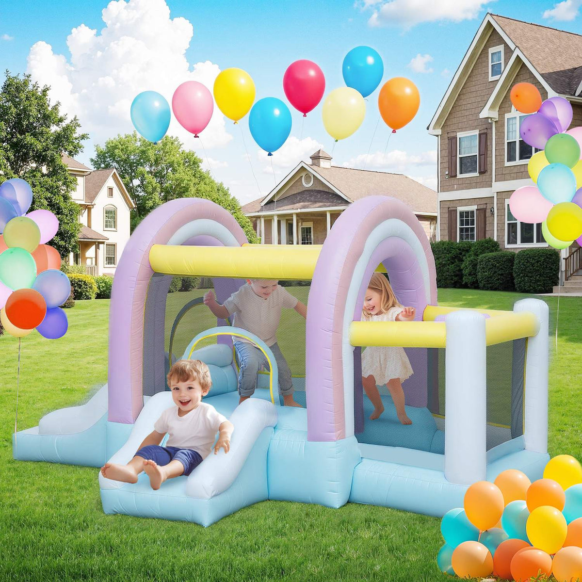 Bouncy Castle with Blower, Slide, Jump, Basketball Hoop Inflatable Jumping Castle with Carry Bag for Indoor Outdoor for Children Ages 3-8, 340 x 220 x 180 cm |