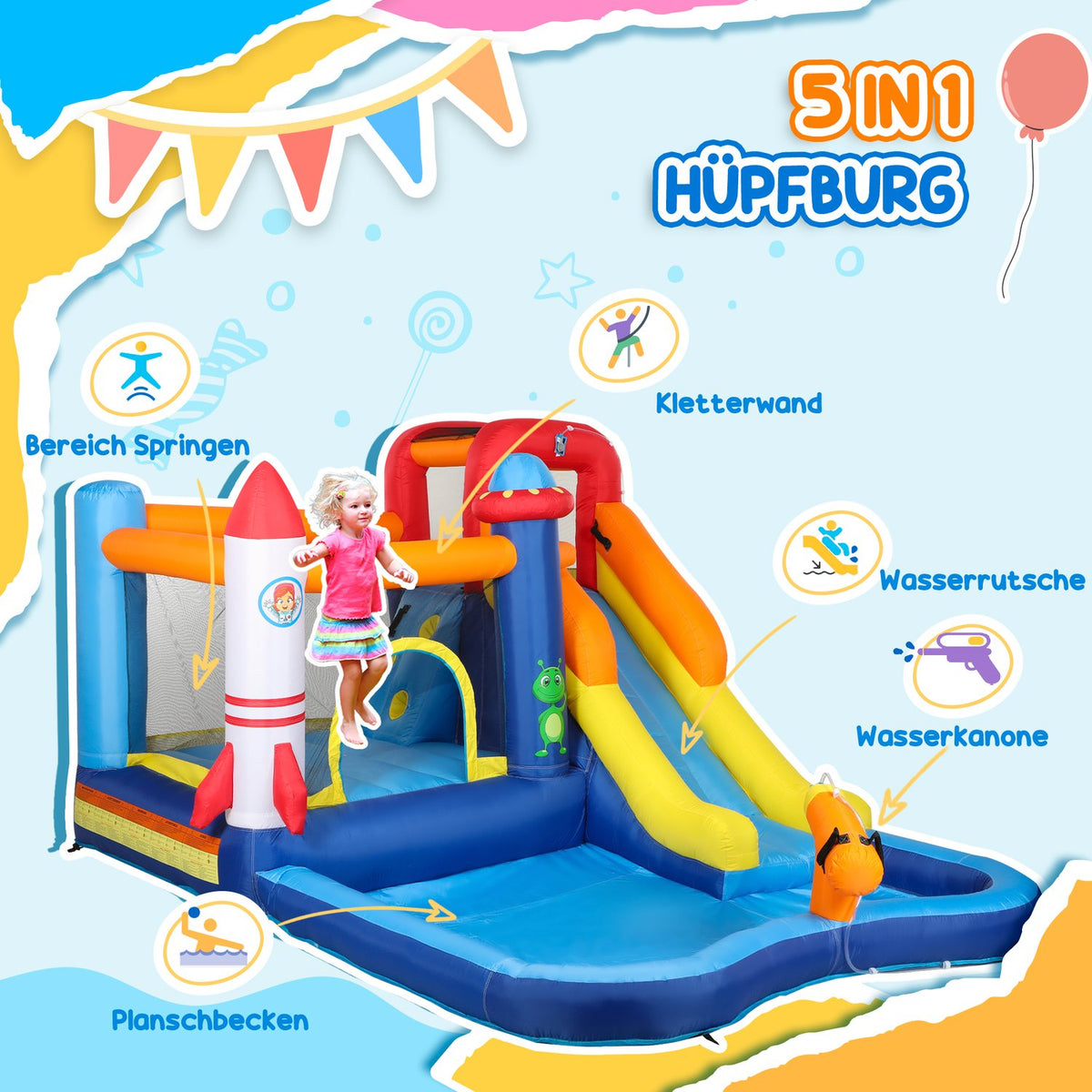 Bouncy Castle with Blower, Slide, Paddling Pool, Climbing Wall, Jump, Water Cannon, Inflatable Jumping Castle with Carry Bag for Indoor Outdoor for Children Ages 3-8, 360 x 250 x 195 cm |