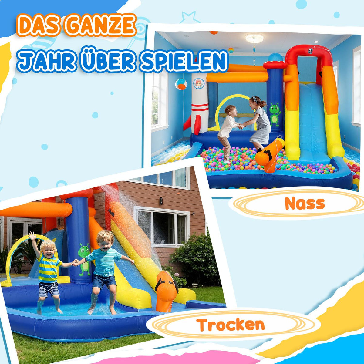 Bouncy Castle with Blower, Slide, Paddling Pool, Climbing Wall, Jump, Water Cannon, Inflatable Jumping Castle with Carry Bag for Indoor Outdoor for Children Ages 3-8, 360 x 250 x 195 cm |