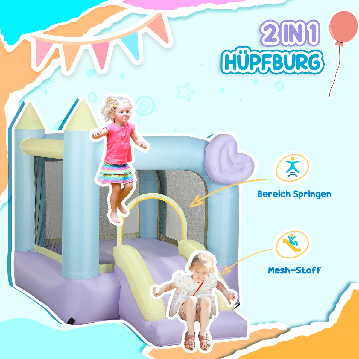 Bouncy castle with blower, slide, jump Inflatable jumping castle with carry bag for outdoor indoor for children aged 3-8 years, 250 x 165 x 200 cm |