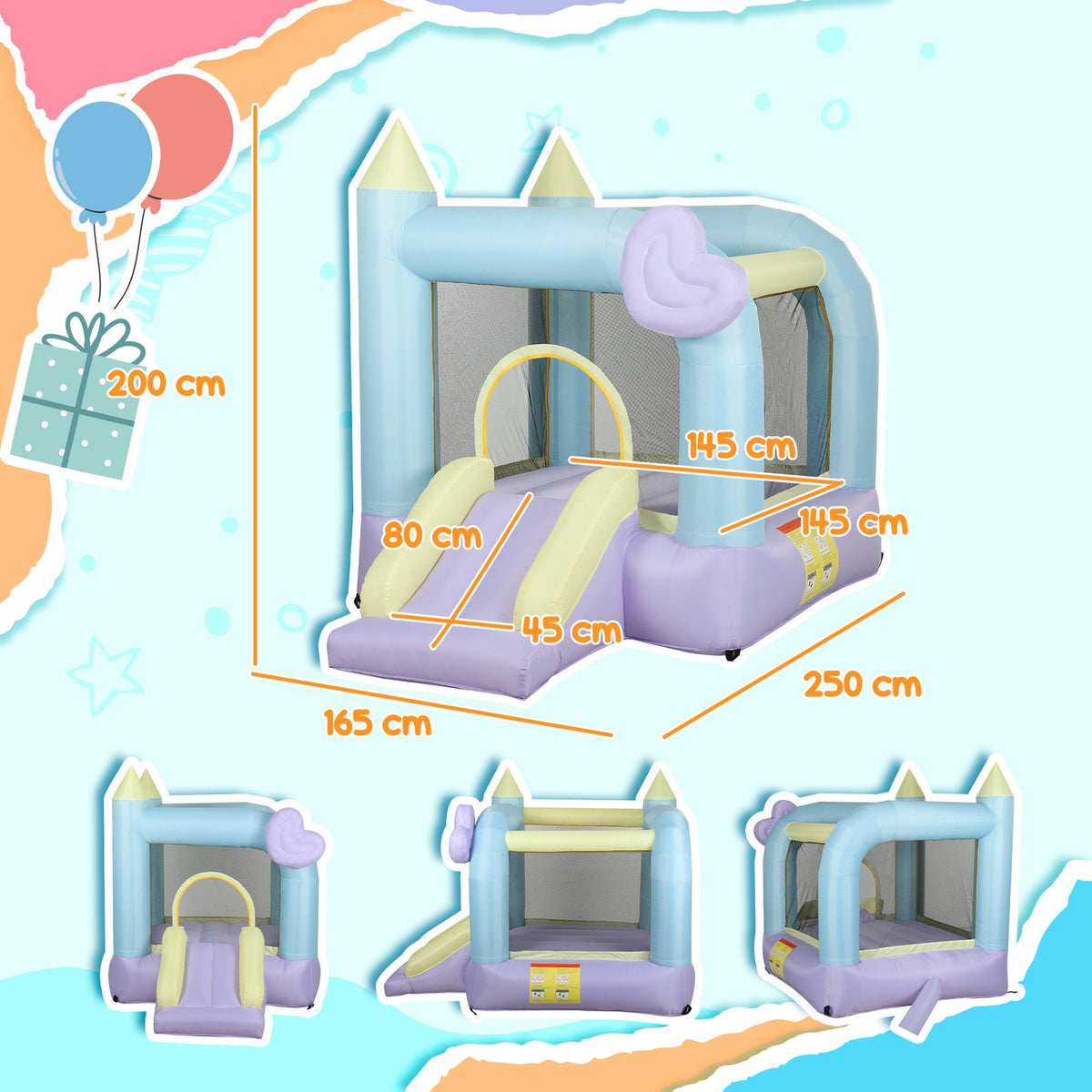 Bouncy castle with blower, slide, jump Inflatable jumping castle with carry bag for outdoor indoor for children aged 3-8 years, 250 x 165 x 200 cm |