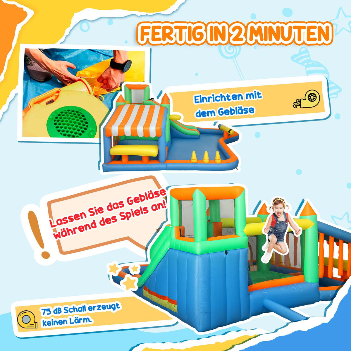 Bouncy castle with blower, water slide, paddling pool, ball pit, climbing wall, throwing ring, jump, basketball hoop, water cannon, inflatable jumping castle for 3-8 years, 416 x 370 x 195 cm |