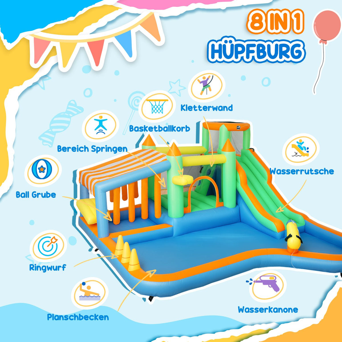 Bouncy castle with blower, water slide, paddling pool, ball pit, climbing wall, throwing ring, jump, basketball hoop, water cannon, inflatable jumping castle for 3-8 years, 416 x 370 x 195 cm |