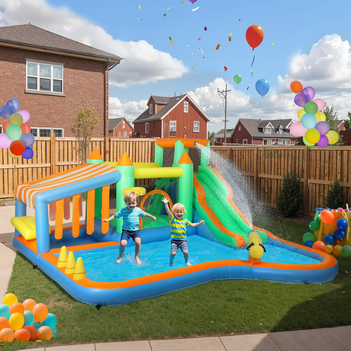 Bouncy castle with blower, water slide, paddling pool, ball pit, climbing wall, throwing ring, jump, basketball hoop, water cannon, inflatable jumping castle for 3-8 years, 416 x 370 x 195 cm |