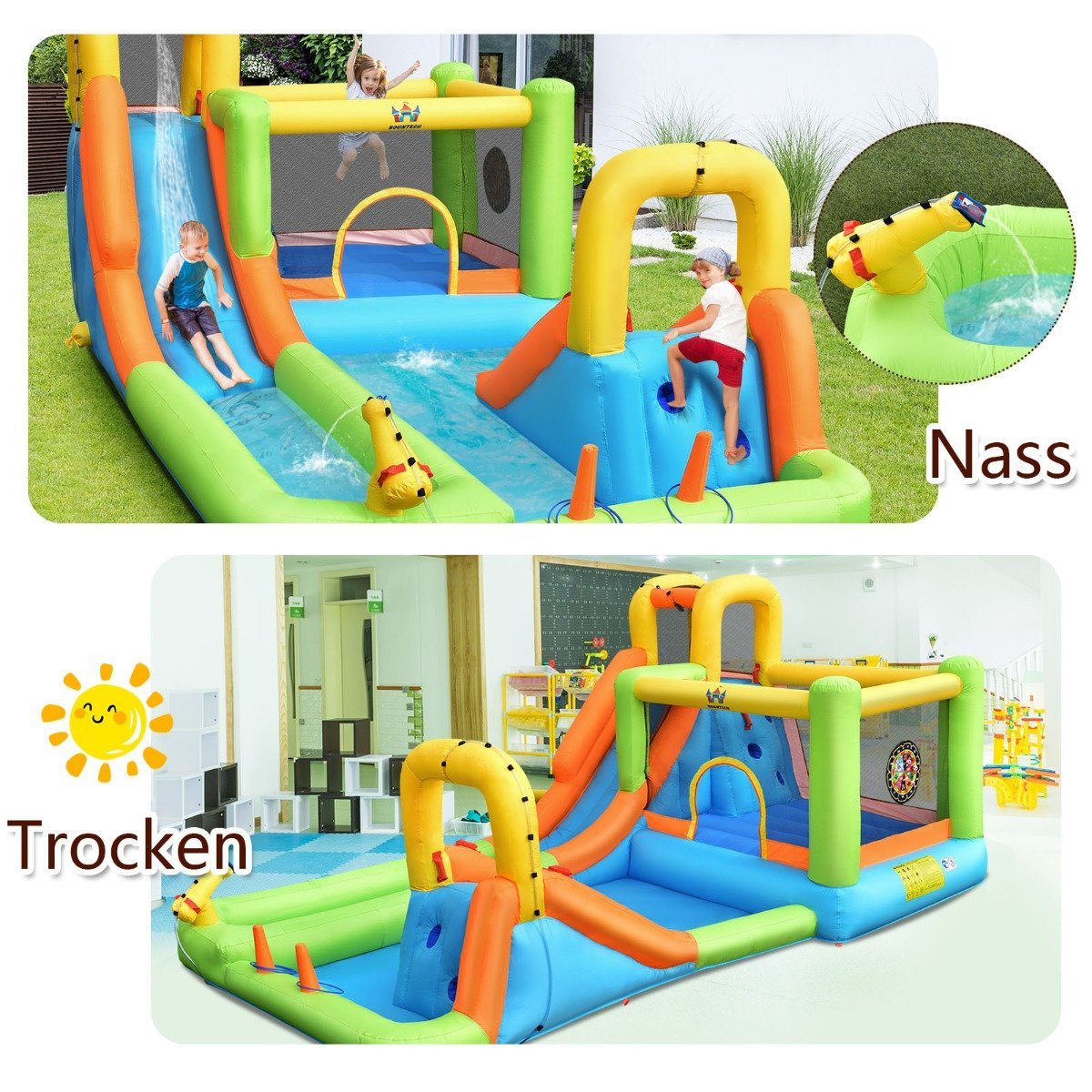 Bouncy castle with water park & 2 slides & climbing wall & basketball hoop 503 x 290 x 216 cm