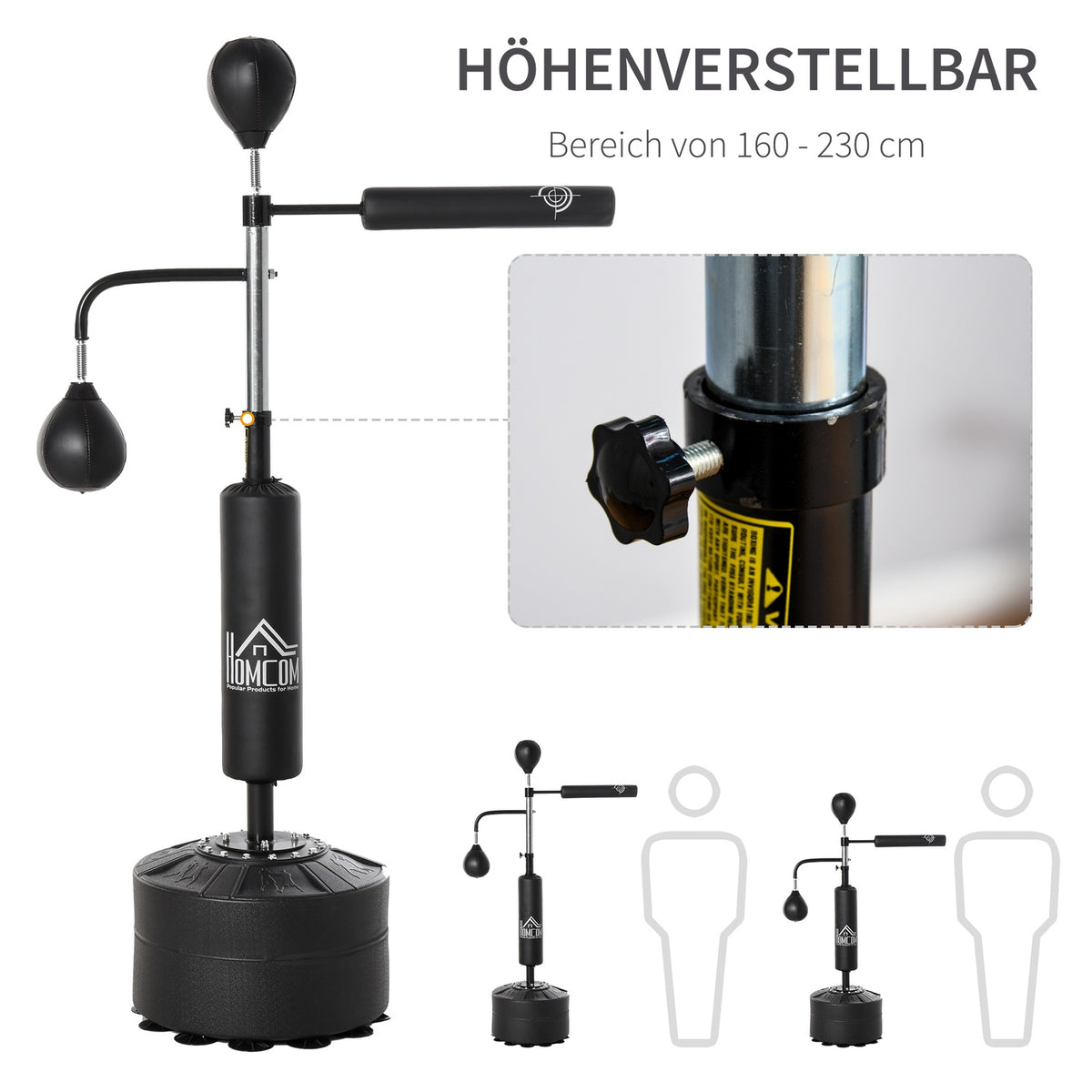 Boxing Stand Standing Boxing Trainer With 2 Speed Balls Reflex Bar And Suction Cup Base 160-230Cm Height Adjustable Black