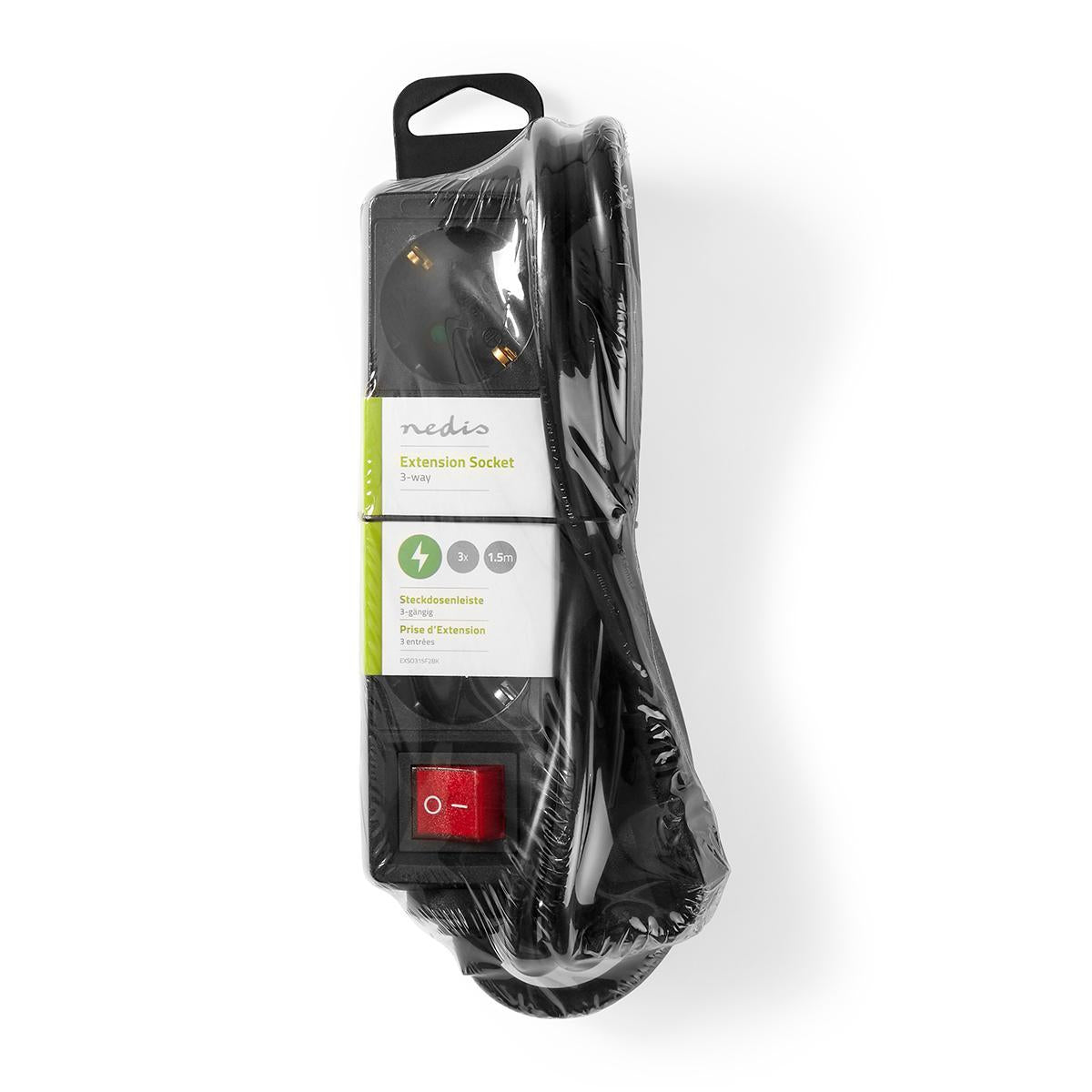 Branch contact | Earthed plug / Type F (CEE 7/7) | 3-way | 1.50 m | 3680 W | 16 A| Type of grounding: Side contact | 230 V AC 50/60 Hz | Outlet angle: 45 ° | H05VV-F 3G1.5mm² | On / off button | Black