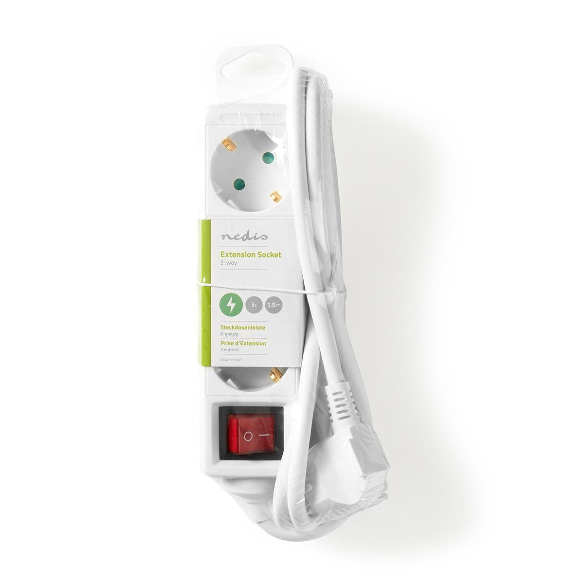 Branch contact | Earthed plug / Type F (CEE 7/7) | 3-way | 1.50 m | 3680 W | 16 A| Type of grounding: Side contact | 230 V AC 50/60 Hz | Outlet angle: 45 ° | H05VV-F 3G1.5mm² | On / off button | White