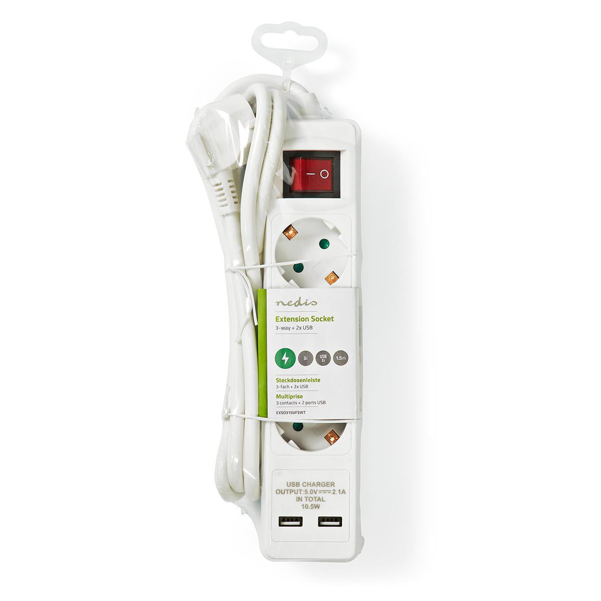 Branch contact | Earthed plug / Type F (CEE 7/7) | 3-way | 1.50 m | 3680 W | 16 A| Type of grounding: Side contact | 230 V AC 50/60 Hz | Outlet angle: 45 ° | H05VV-F 3G1.5mm² | On / off button | White