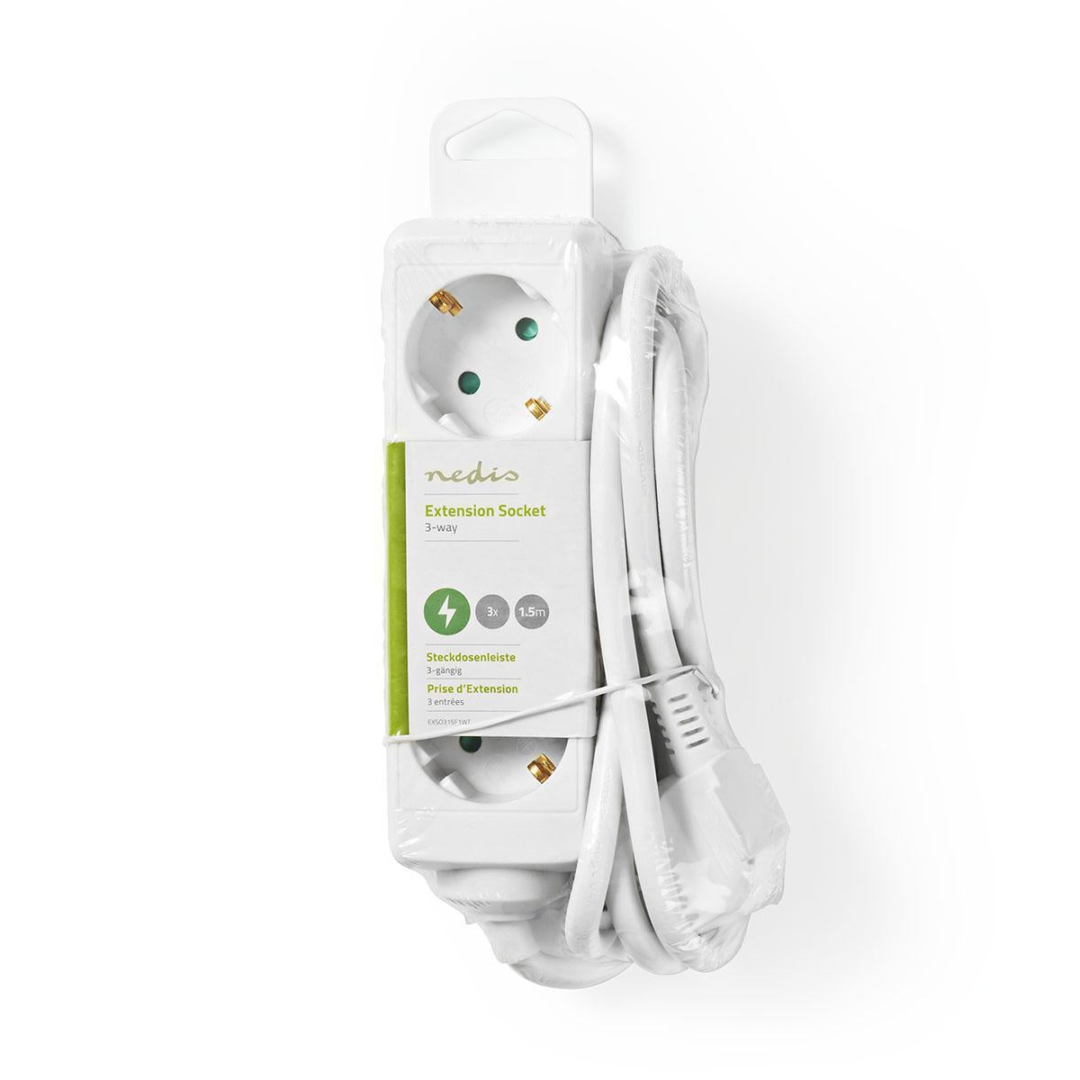 Branch contact | Earthed plug / Type F (CEE 7/7) | 3-way | 1.50 m | 3680 W | 16 A| Type of grounding: Side contact | 230 V AC 50/60 Hz | Outlet angle: 45 ° | H05VV-F 3G1.5mm² | White