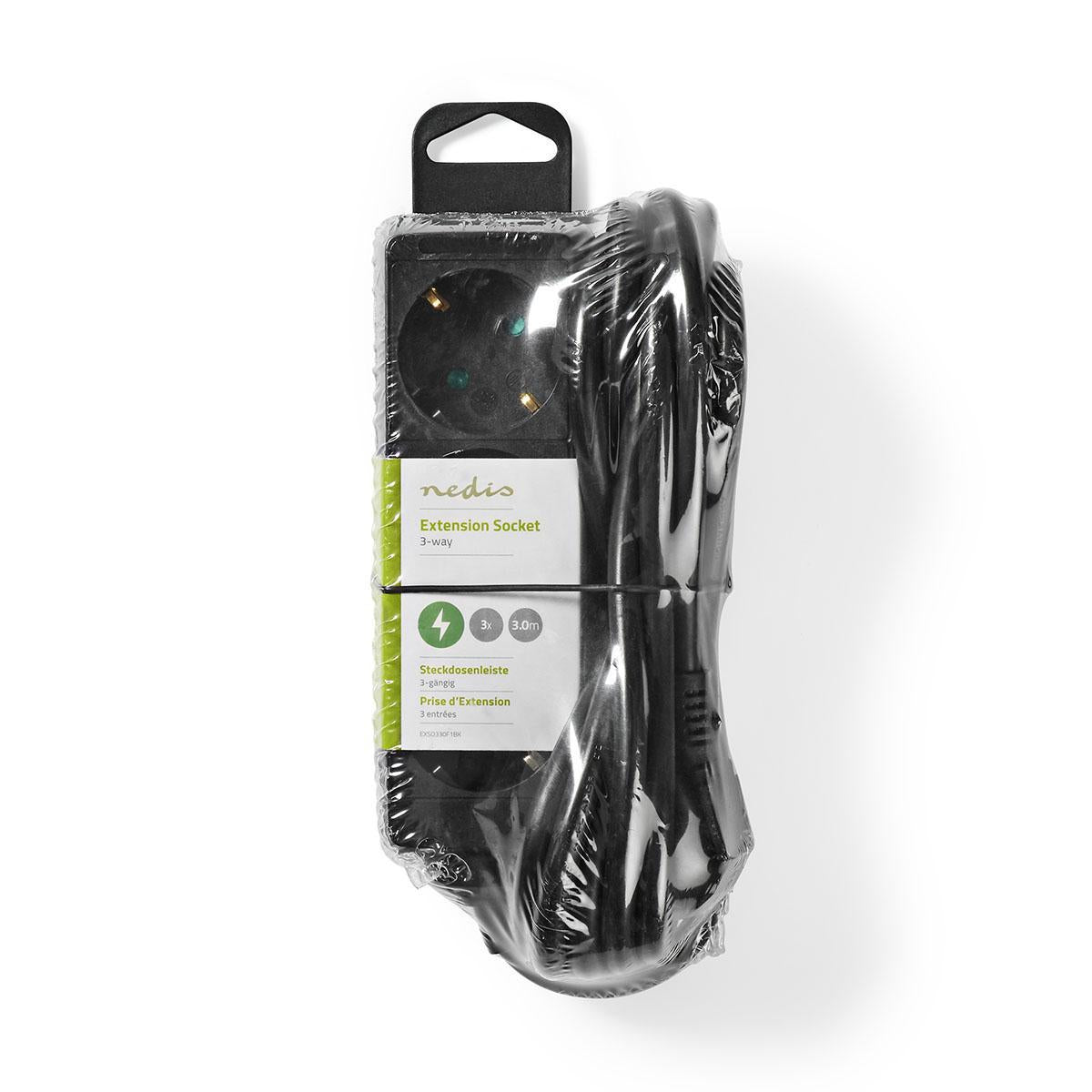 Branch contact | Earthed plug / Type F (CEE 7/7) | 3-way | 3.00 m | 3680 W | 16 A| Type of grounding: Side contact | 230 V AC 50/60 Hz | Outlet angle: 45 ° | H05VV-F 3G1.5mm² | Black