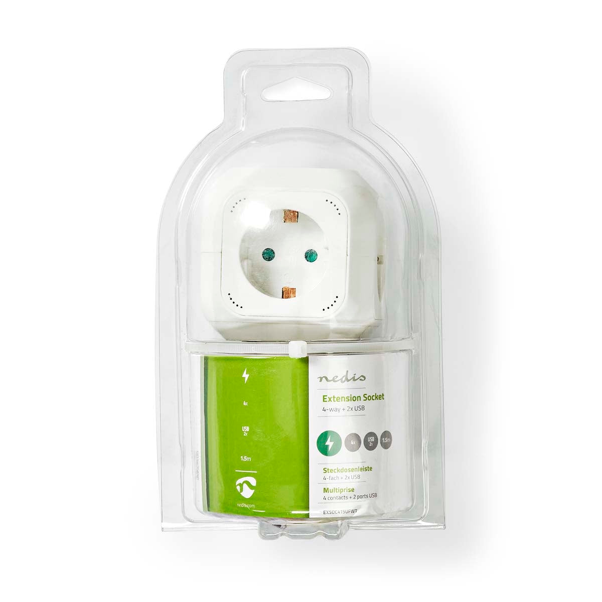 Branch contact | Earthed plug / Type F (CEE 7/7) | 4-way | 1.50 m | 3680 W | 16 A| Type of grounding: Side contact | 230 V AC 50/60 Hz | Outlet angle: 90 ° | H05VV-F 3G1.5mm² | White